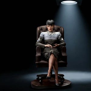 Puede incluir: Una figura de una persona con cabello oscuro estilo bob, vistiendo una chaqueta de cuello gris y blanca y una falda oscura, sentada en una silla de oficina de cuero marrón capitoné con base de cinco ruedas, iluminada por un foco cenital.