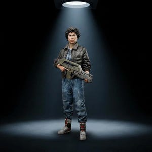 以下が含まれることがあります： 短いダークヘアのキャラクターのコレクター向けアクションフィギュア。茶色のレザージャケット、青いジャンプスーツ、ハイカットブーツを着用しています。両手には、細部まで作り込まれた大きな灰色の未来的なライフルを持っています。