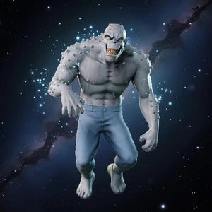 May include: A muscular, grey-skinned humanoid figure with a textured, bumpy surface on its shoulders and arms, wearing light blue pants. The creature has a wide, toothy grin, pointed ears, and a heavy brow, set against a dark, starry space background.