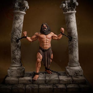 May include: A muscular, bearded figure with long dark hair stands between two weathered stone columns. The figure wears a simple brown loincloth and is restrained by dark metal chains attached to the columns and around the ankles.