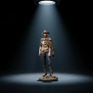 Può includere: Una statuetta dettagliata di un cowboy in piedi su una base circolare, che indossa un cappello marrone, un gilet color cuoio sopra una camicia a maniche lunghe chiara, un poncho marrone drappeggiato su una spalla, jeans blu e stivali marroni, illuminata da un faretto.