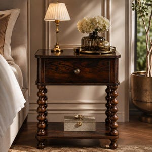 AWASEN Spool Leg End Table, Rustic Farmhouse Nightstand with Drawer, Wood Storage Shelf