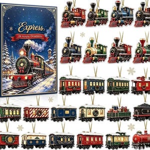 May include: A set of 24 acrylic Christmas ornaments featuring various train engines and passenger cars, presented in a rectangular blue box with the text Express and 24 Acrylic Ornaments. Each ornament includes a gold hanging string.