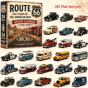 May include: A Route 66 100 Years of the American Road advent calendar box featuring a desert highway scene and 24 2D flat acrylic vehicle ornaments including various vintage cars, trucks, a bus, a camper, a motorcycle, and service vehicles.
