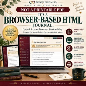 May include: A browser-based HTML legacy and life story planner displayed on a laptop and tablet screen. The interface features a dark red and cream color scheme with text including "Your Story Starts Here" and "Legacy & Life Story Journal."