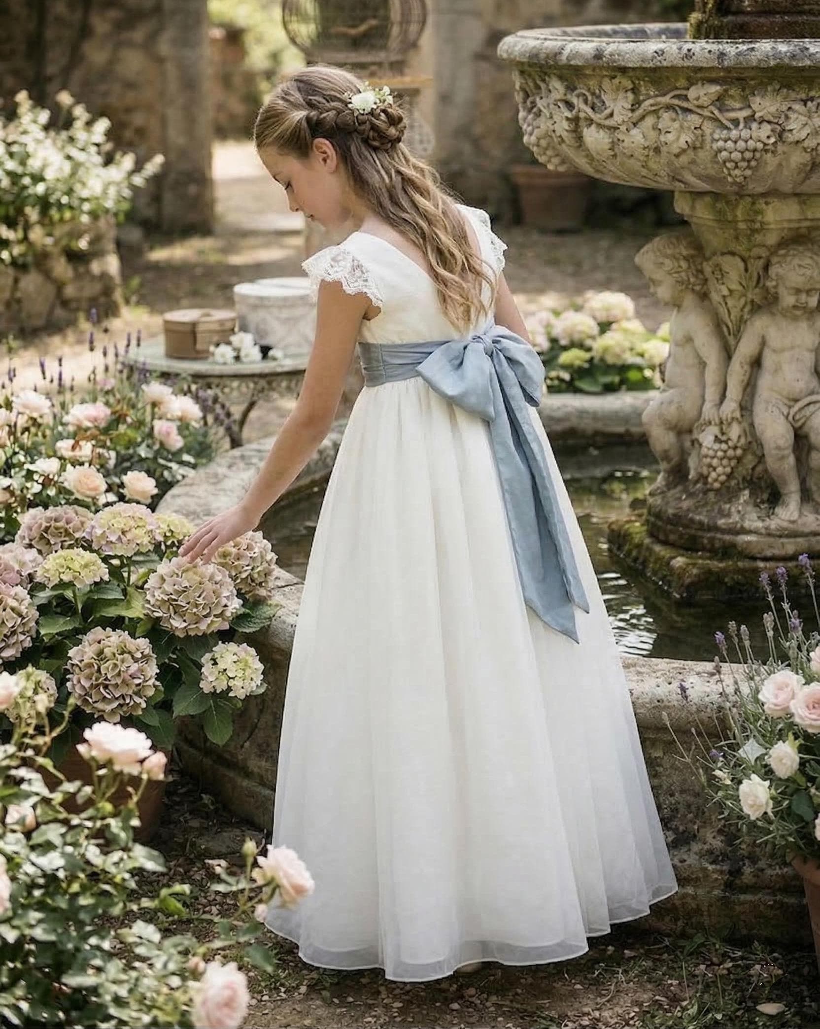 White Flower Girl Dress Blue Sash
