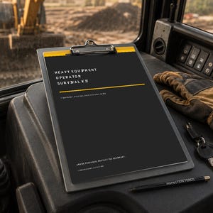 May include: A black clipboard with a yellow top strip featuring the text HEAVY EQUIPMENT OPERATOR SURVIVAL KIT, a pair of brown and black work gloves, a metal key, and a black pencil labeled INSPECTION PENCIL resting on a dark console.