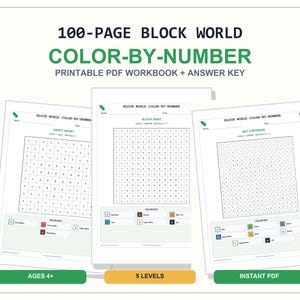 Op de afbeelding: Een 100-pagina tellend kleur-op-nummer werkboek in blokwereldstijl als printbaar PDF inclusief antwoordsleutel. Het bevat drie pagina's met rasterontwerpen, genummerde vakjes en kleurcodes voor kinderen vanaf 4 jaar, verdeeld over 5 niveaus.