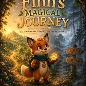 Può includere: Una copertina di libro intitolata Finn's Magical Journey, A Choose-Your-Own-Adventure Story, A Story of Courage, Friendship, and Choices. Raffigura una volpe arancione con uno zaino verde che tiene una bussola luminosa vicino a un cartello per Light Path e Misty Path.
