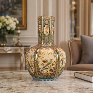 May include: A hexagonal ceramic vase featuring a cream-colored background with intricate, multi-colored floral patterns and depictions of birds. The vase has gold-toned edges along its vertical panels and a detailed, ornate decorative border.