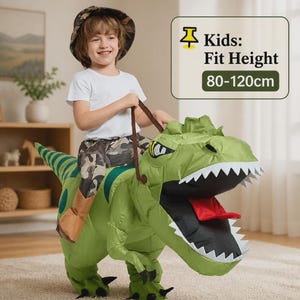 May include: An inflatable green dinosaur costume featuring a large head with white teeth and a red tongue. The costume includes brown boot covers and camouflage pants. Text on the image states: Kids: Fit Height 80-120cm. The suit is worn by a child.