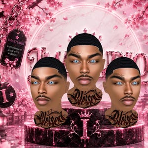 May include: Three identical digital portraits of a person with dark skin, short black waves, and bright blue eyes. Each neck features a tattoo with the word Blessed. The background is a pink scene with cherry blossoms and a metallic pink platform.