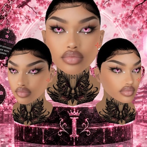 May include: Three identical digital avatars with dark hair, pink eyes, and small white facial gems. Each avatar features a black butterfly and skull tattoo on the neck. They are positioned on a dark, pink-dripping circular platform with a crown logo.