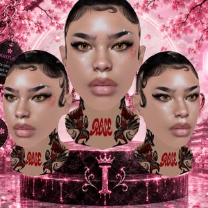 Könnte beinhalten: Ein digitaler Avatarkopf mit bernsteinfarbenen Augen, dunklem Haar mit gestylten Kanten, einem silbernen Augenbrauenpiercing und einem Halstattoo mit dem Wort ROSE in roter Schrift. Der Avatar wird in drei Positionen vor Kirschblüten gezeigt.