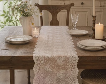 Vintage Floral Lace Table Runner, French Country Boho Wedding Decor, Beige White