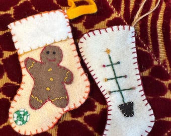 set of 2 mini felted Christmas stocking ornaments