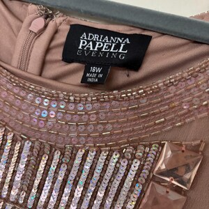 Peut inclure: Gros plan d'une robe de soir&eacute;e rose poudr&eacute; avec un col orn&eacute; de perles et de sequins. La robe est dot&eacute;e d'une fermeture &eacute;clair et d'une &eacute;tiquette indiquant "Adrianna Papell Evening" et "18W Made in India."