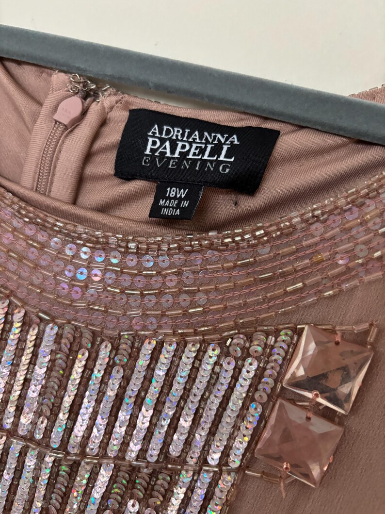 Peut inclure: Gros plan d'une robe de soir&eacute;e rose poudr&eacute; avec un col orn&eacute; de perles et de sequins. La robe est dot&eacute;e d'une fermeture &eacute;clair et d'une &eacute;tiquette indiquant "Adrianna Papell Evening" et "18W Made in India."