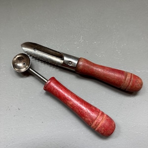 Set of Vintage Wooden Red Handle Kitchen Tools- Baller & Coring Tool