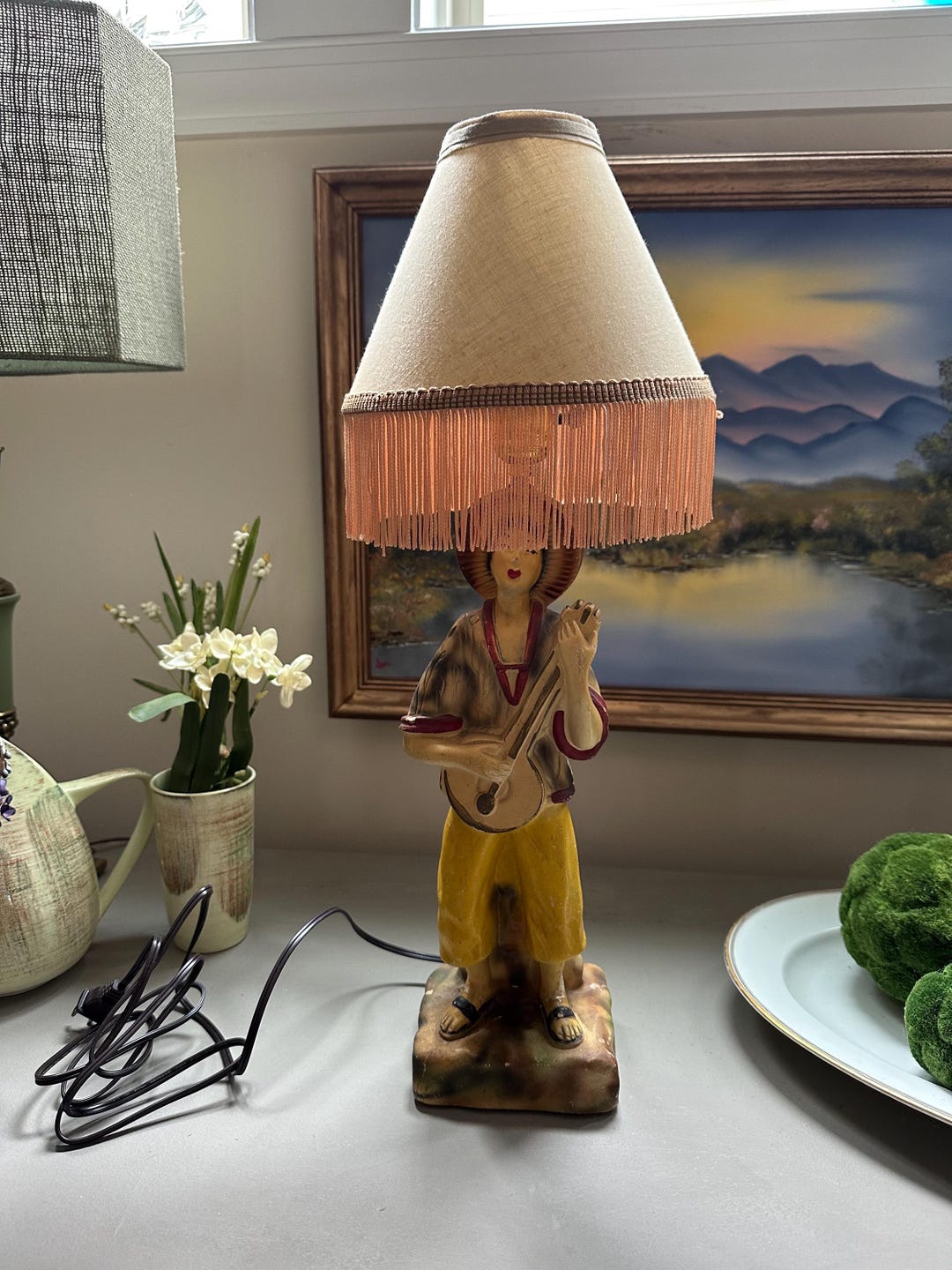 Vintage Chalk Asian Lamp With Vintage Tassel Shade - Etsy