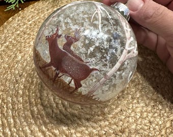 Vintage Glass Snow Scene Reindeer Ornament