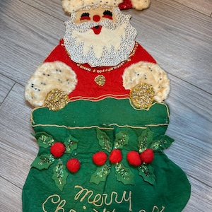Bolso de parede vintage para pendurar Papai Noel em feltro e lantejoulas