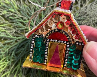 Vintage Putz style sequined church ornament/box