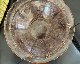 Vintage pale pink etched depression glass serving bowl with cherries