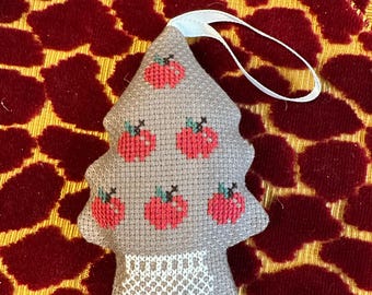 vintage cross stitch Christmas tree with apples ornament