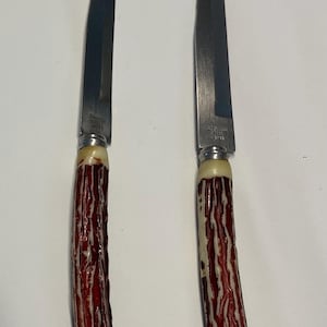 May include: Two steak knives with stainless steel blades and handles with a red and cream-colored pattern. The blades are stamped with text. The knives are designed for cutting meat and other foods.