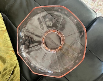 Vintage Pale Pink Etched Depression Glass Footed Serving Bowl