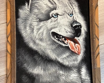 Pintura al óleo original de lobo sobre terciopelo negro