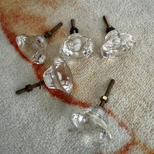 Può includere: Cinque pomelli per mobili in vetro trasparente con una forma sfaccettata simile a un diamante. Ogni pomello presenta un bullone filettato metallico che si estende dal retro, completo di un piccolo dado e rondella per il fissaggio.