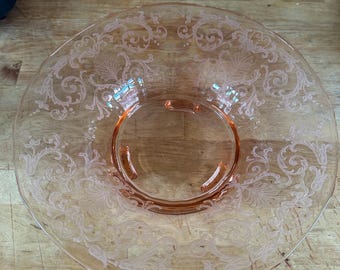 Vintage Pale Pink Etched Depression Glass Large Fruit Bowl