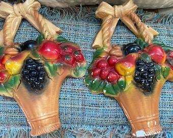 vintage chalk art fruit basket wall plaque Set