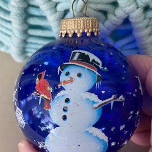 Vintage snowman blown glass blue Christmas Ornament