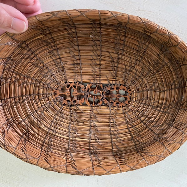 Long leaf pine needle woven basket with black walnut center