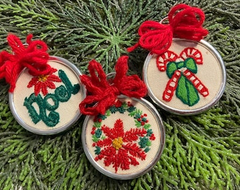 Vintage set of  Hand embroidered Christmas ornaments in Ring Hoop