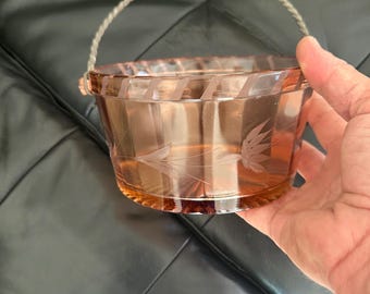 Vintage Pale Pink Etched Depression Glass Ice Bucket with Braided Metal Handle