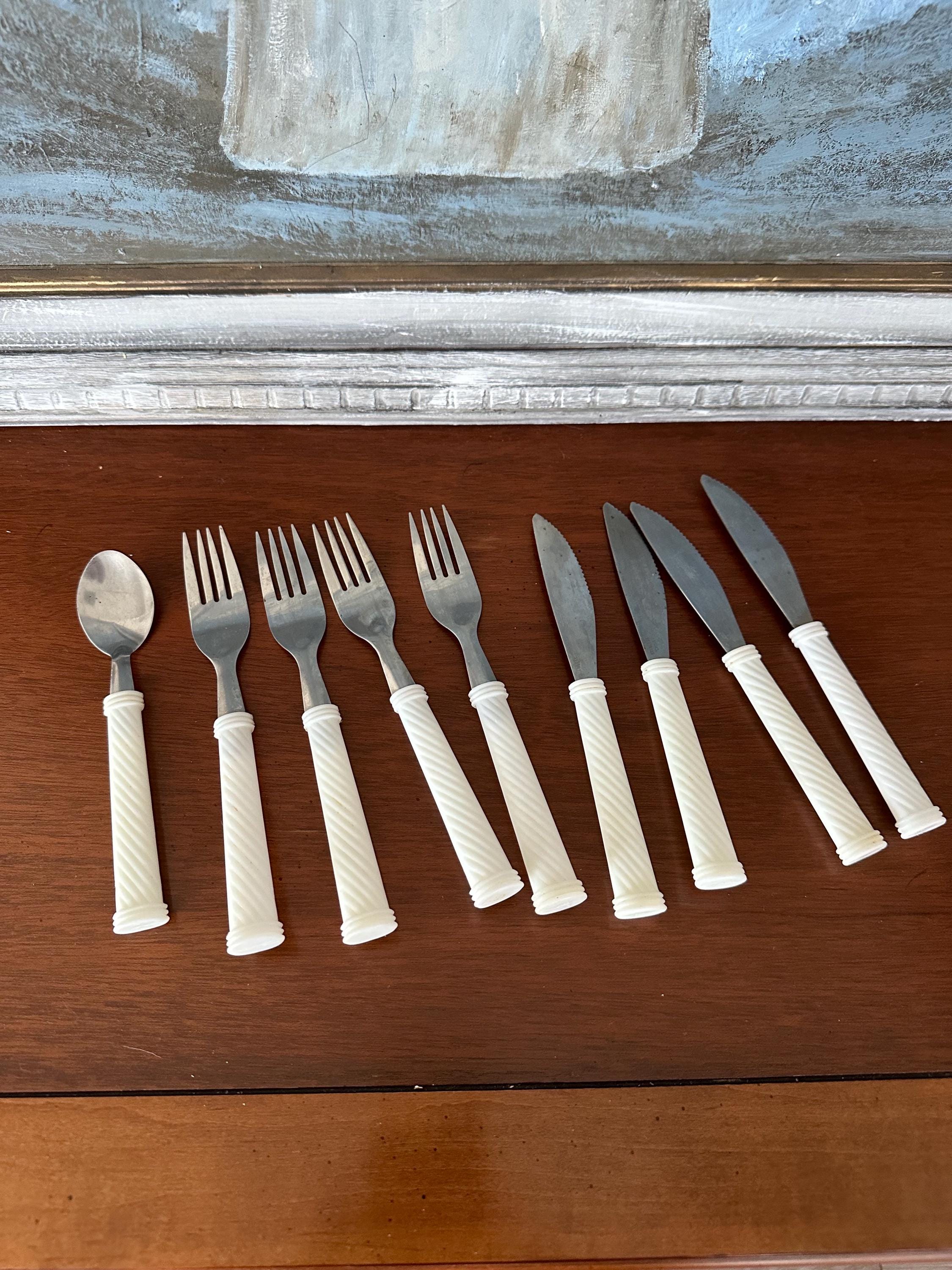 Vintage Weiß Plastikgriff Besteck Set Picknick Silerware
