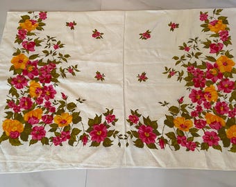 Vintage large Linen Floral Table Cloth