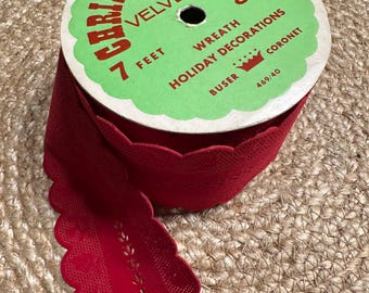 Vintage Spool of flocked Red Velvet Lace Christmas Ribbon