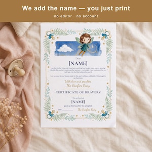 Pacifier Fairy Letter and Certificate Printable, Personalized Binky Fairy Letter, Dummy Fairy Goodbye Pacifier Keepsake, Digital PDF