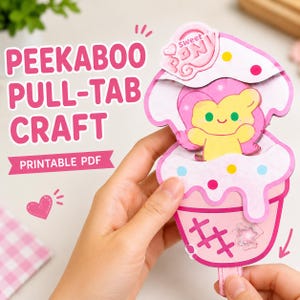 Manualidad imprimible de Peekaboo con pestañas para tirar, juguete interactivo sorpresa, actividad DIY para niños, descarga instantánea en PDF.