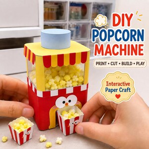 May include: A DIY popcorn machine paper craft kit featuring a red and yellow structure with a clear window filled with yellow popcorn pieces. The text reads DIY POPCORN MACHINE PRINT CUT BUILD PLAY and Interactive Paper Craft with a red heart icon.