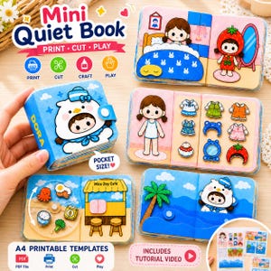 Könnte beinhalten: Ein Mini-Quiet-Book-Bastelset mit druckbaren Vorlagen für eine Papierpuppe, verschiedene Outfits und interaktive Szenen. Das Set enthält ein blaues Buchcover mit einer Figur sowie Seiten mit Schlafzimmer, Strandcafé und Meer.