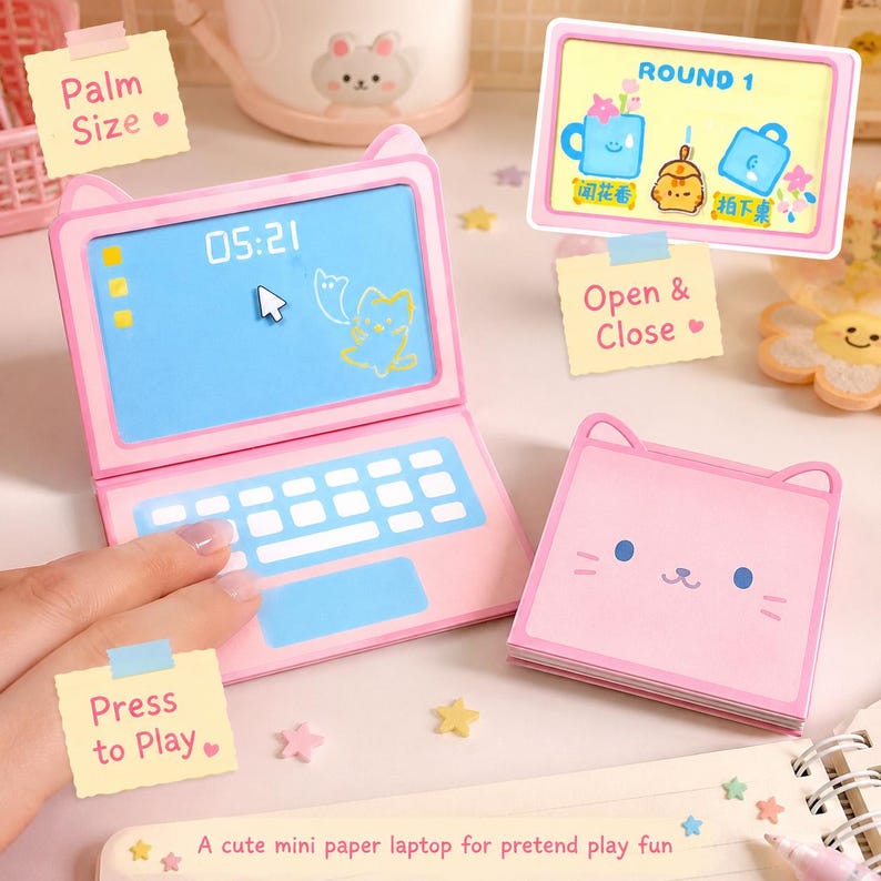 Pink Cat-ear Laptop Craft, Pretend Play Paper Computer, 3 Changeable ...