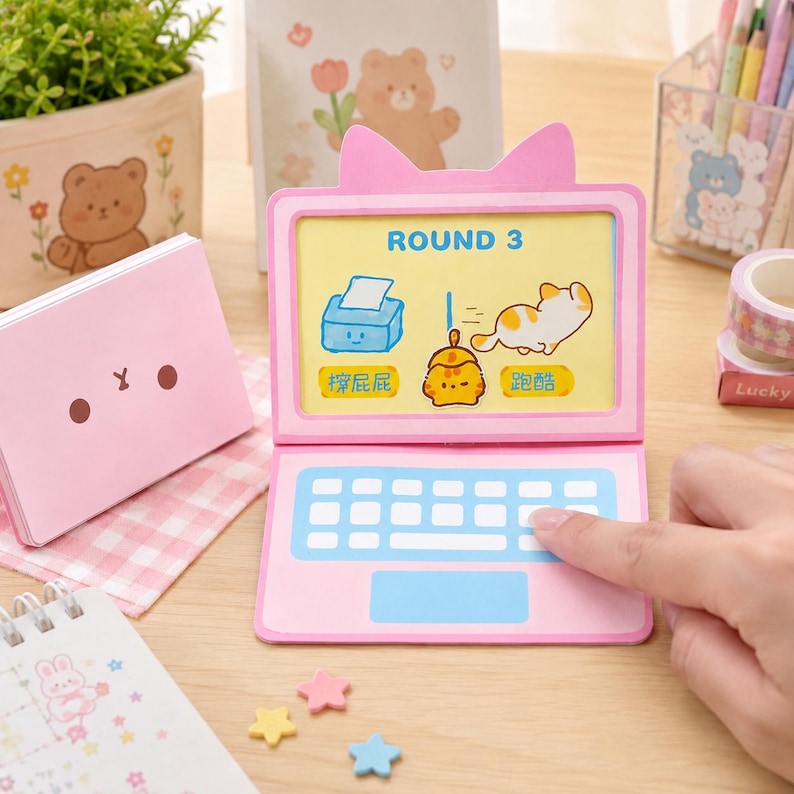 Pink Cat-ear Laptop Craft, Pretend Play Paper Computer, 3 Changeable ...