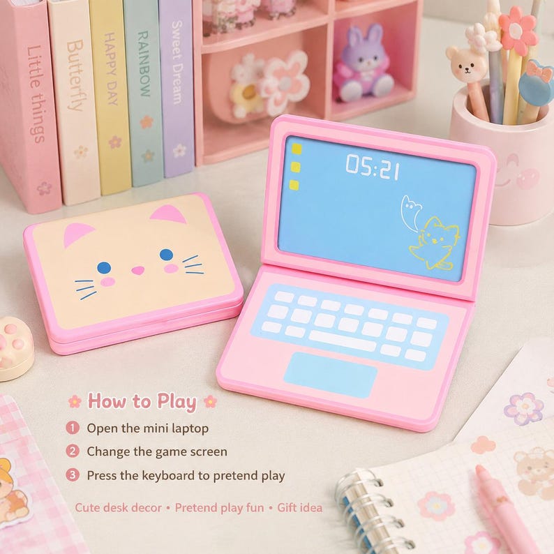 Pink Cat-ear Laptop Craft, Pretend Play Paper Computer, 3 Changeable ...