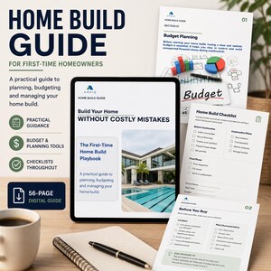 Puede incluir: Una guía digital de 56 páginas para la construcción de viviendas para propietarios primerizos, mostrada en una tableta y páginas impresas. Los documentos incluyen texto, listas de verificación y gráficos de presupuesto, junto a un bolígrafo negro.